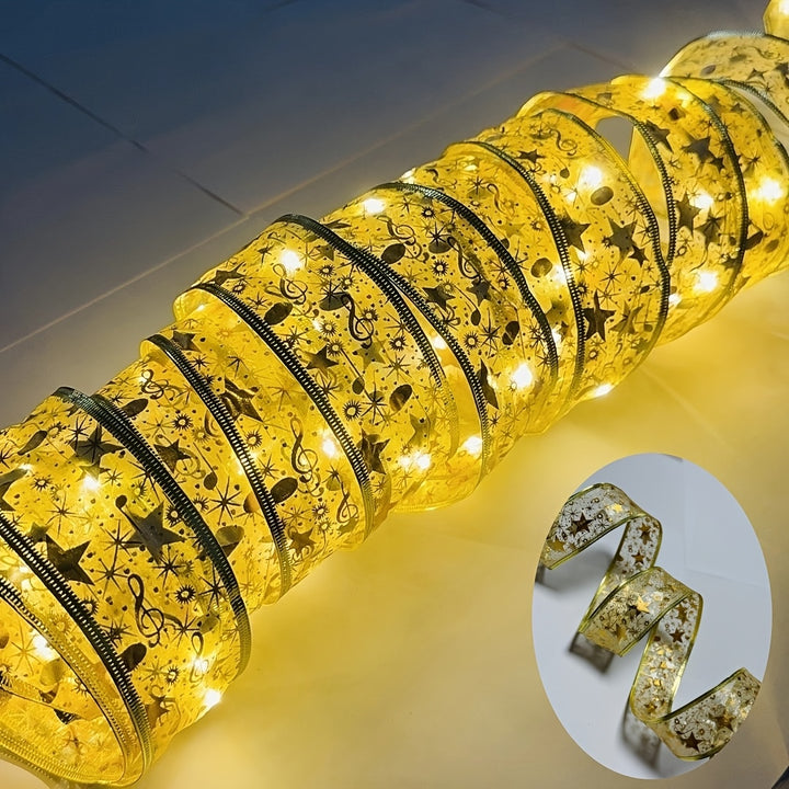 LED Christmas Ribbon Lights - 118.11inch/196.85inch/393.7inch, Double-Layer Golden Foil Holiday Decor for Tree & Party, Battery Operated (AA), Perfect for Halloween, Hanukkah, Easter, Thanksgiving