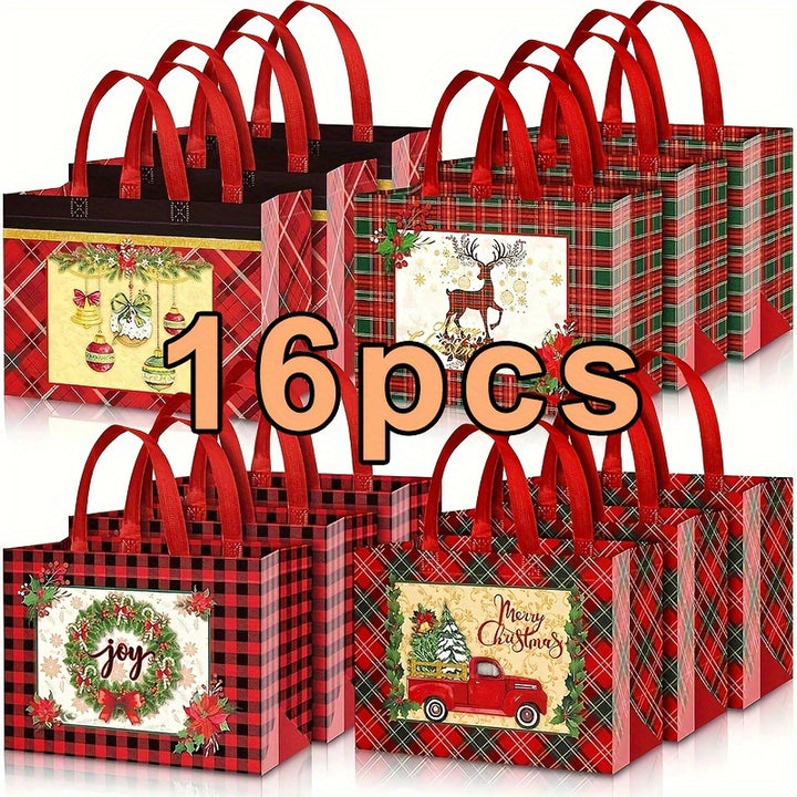 8/12/16/24 Pack Festive Red & Black Plaid Christmas Tote Gift Bags with Handles - Reusable Non-Woven Bags with Holiday Designs, Waterproof Party Favor Bags for Shopping & Gifts