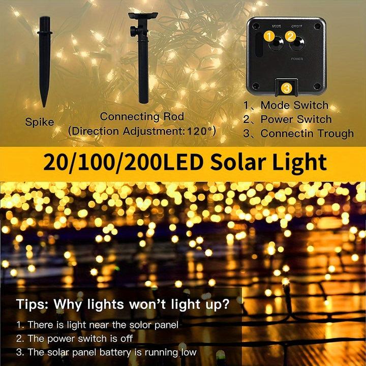 Solar LED String Lights Outdoor, 20/100/200 RGB LED, Waterproof IP44, 8 Modes Touch Control, Energy-Efficient, Solar Powered with Nickel Battery, for Christmas Tree, Garden, Wedding Decoration