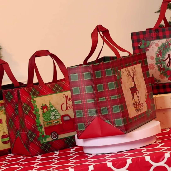 8/12/16/24 Pack Festive Red & Black Plaid Christmas Tote Gift Bags with Handles - Reusable Non-Woven Bags with Holiday Designs, Waterproof Party Favor Bags for Shopping & Gifts