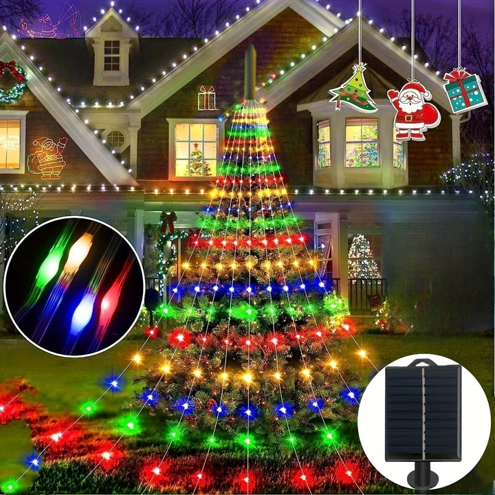 1pc Solar Powered Christmas Tree Fairy Lights, 180 LED Waterfall String Lights with 8 Lighting Modes, Wireless Outdoor Decoration for Garden, Patio, Holiday, Wedding, Indoor Home Decor – Lithium Battery Included