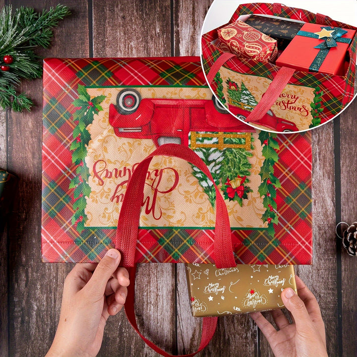 8/12/16/24 Pack Festive Red & Black Plaid Christmas Tote Gift Bags with Handles - Reusable Non-Woven Bags with Holiday Designs, Waterproof Party Favor Bags for Shopping & Gifts