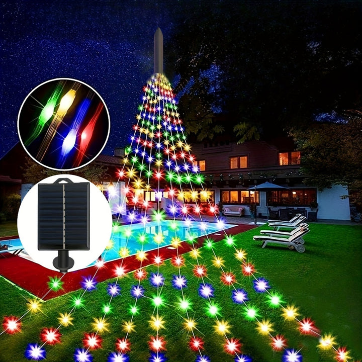 1pc Solar Powered Christmas Tree Fairy Lights, 180 LED Waterfall String Lights with 8 Lighting Modes, Wireless Outdoor Decoration for Garden, Patio, Holiday, Wedding, Indoor Home Decor – Lithium Battery Included