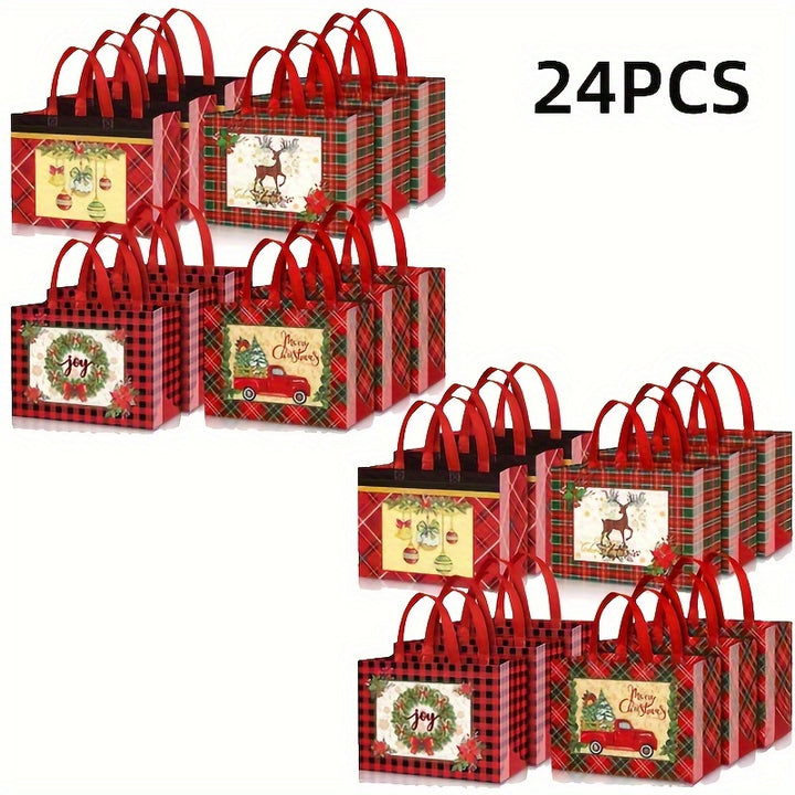 8/12/16/24 Pack Festive Red & Black Plaid Christmas Tote Gift Bags with Handles - Reusable Non-Woven Bags with Holiday Designs, Waterproof Party Favor Bags for Shopping & Gifts