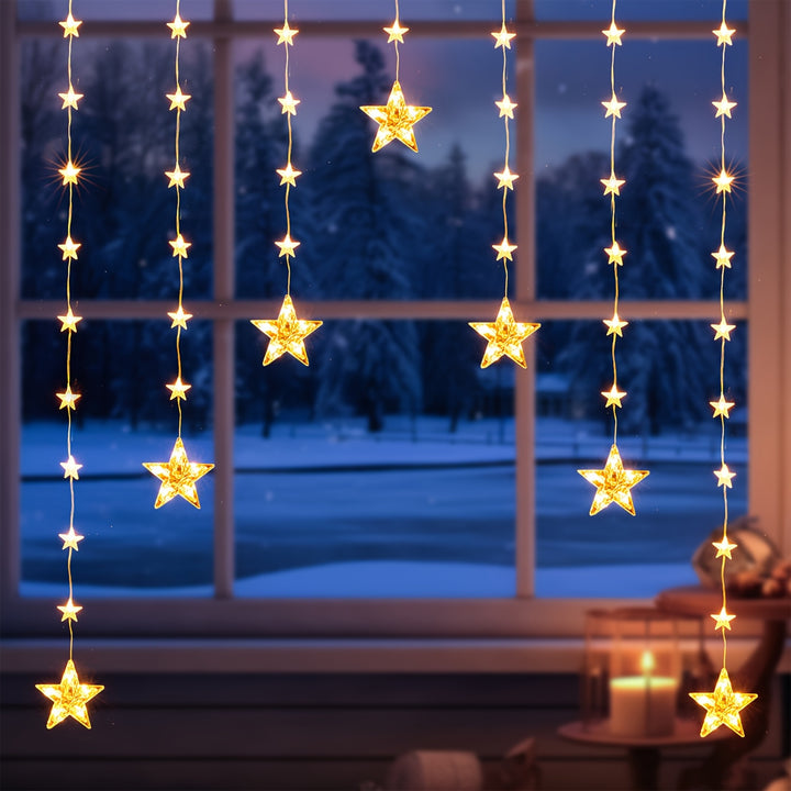 7in1 Quntis Christmas Star Triangle Window Light, 74 LED Battery Operated Christmas Snowflake Curtain Lights with Timer, 8 Modes Xmas Decoration Lights Indoor Hanging Backdrop for Bedroom Wall, Warm White