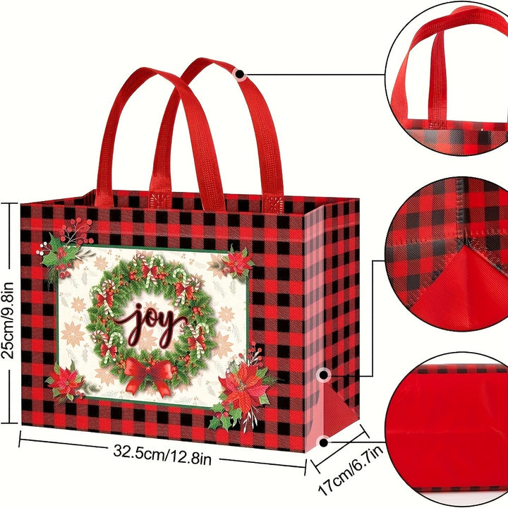 8/12/16/24 Pack Festive Red & Black Plaid Christmas Tote Gift Bags with Handles - Reusable Non-Woven Bags with Holiday Designs, Waterproof Party Favor Bags for Shopping & Gifts